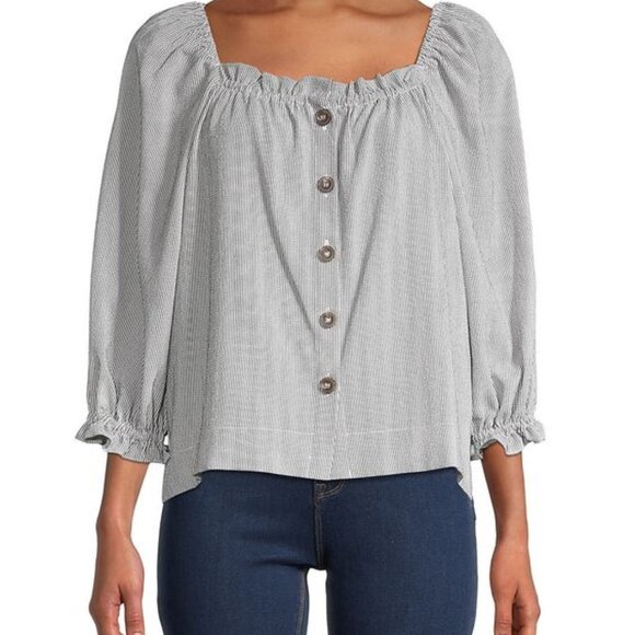 Calvin Klein Women's Square Neck Button-Down Gray Stripe Top Size Small - Picture 1 of 10